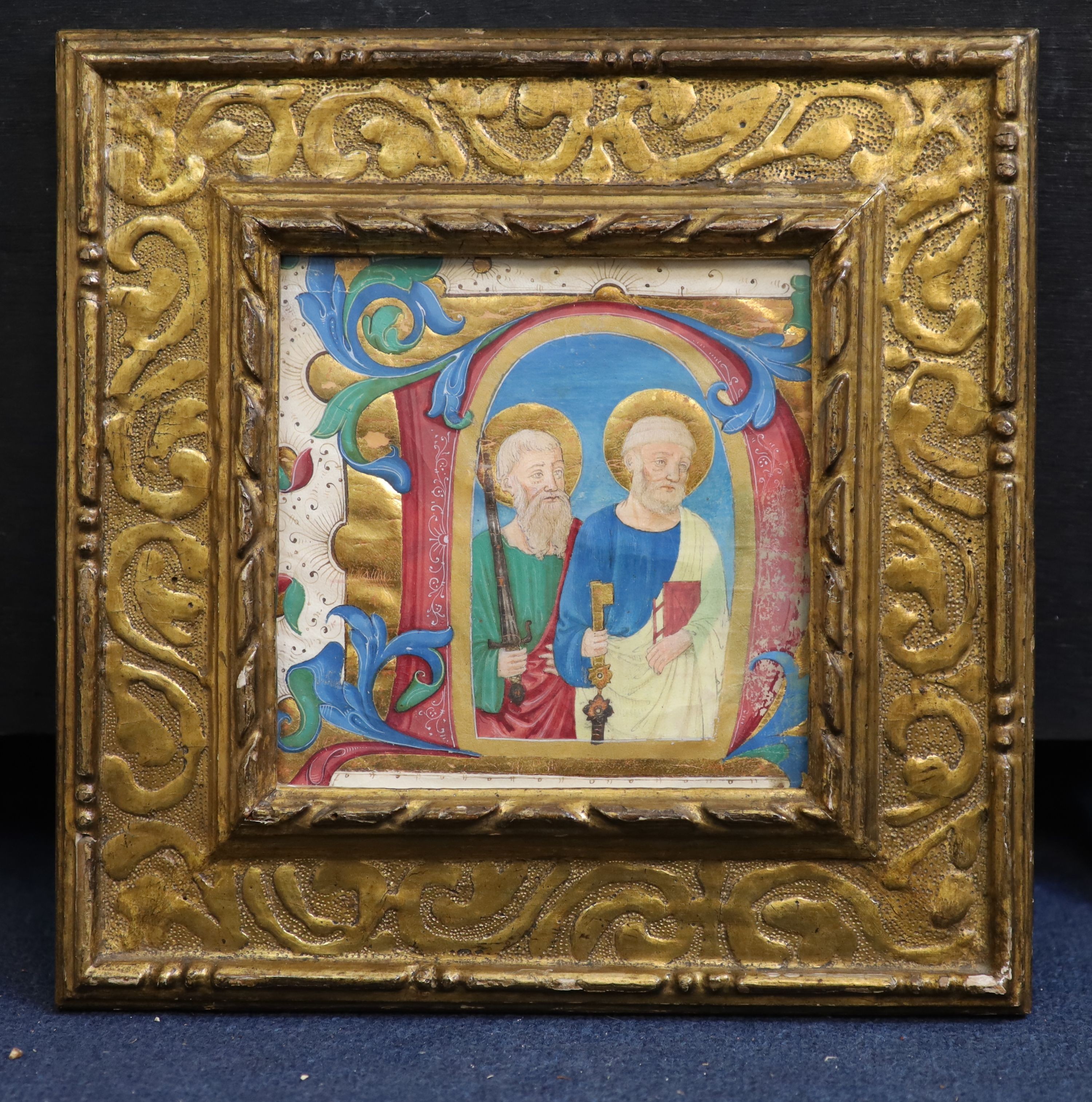 Late 15th Century Italian School, probably Florence, Saints Peter and Paul, Historiated D. from an Antiphonal, illuminated miniature on vellum, 16 x 16cm